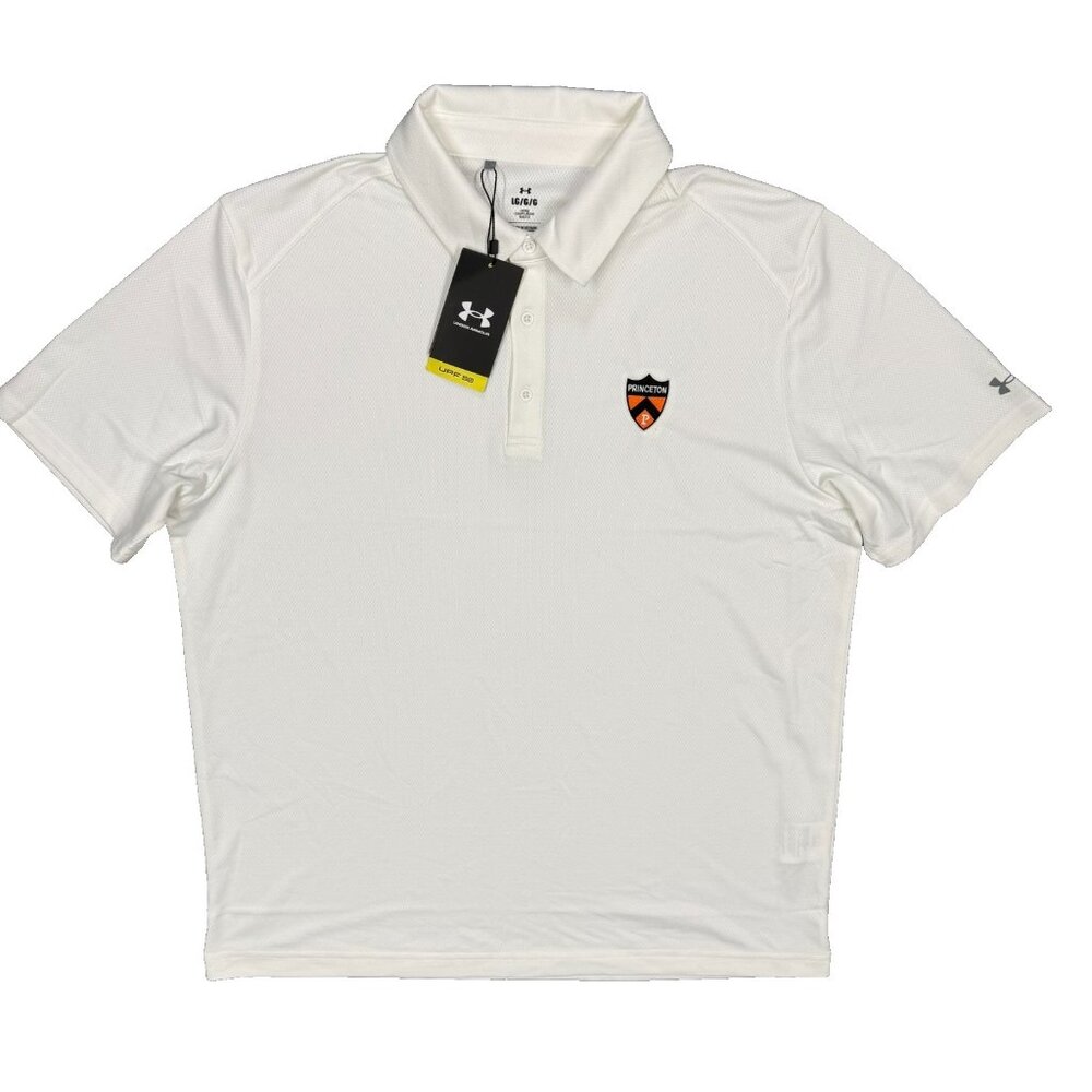 NWT UnderArmour Polo Shirt Golf Princeton Logo White Short Sleeve Large